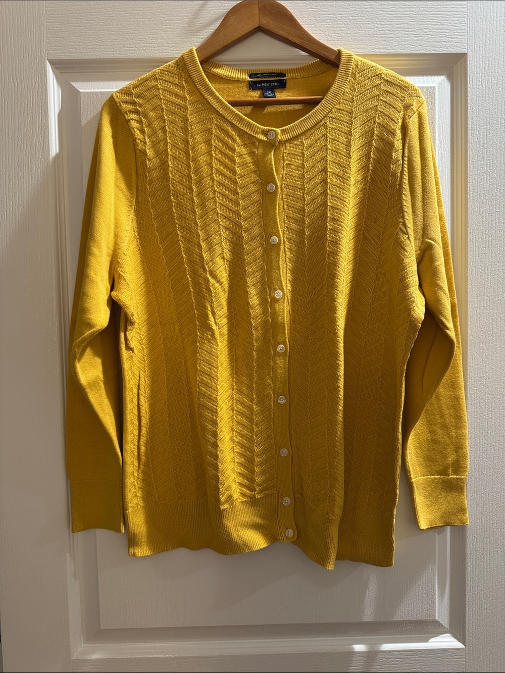 Lands' End Chevron Knit Button-Front Cardigan in Yellow